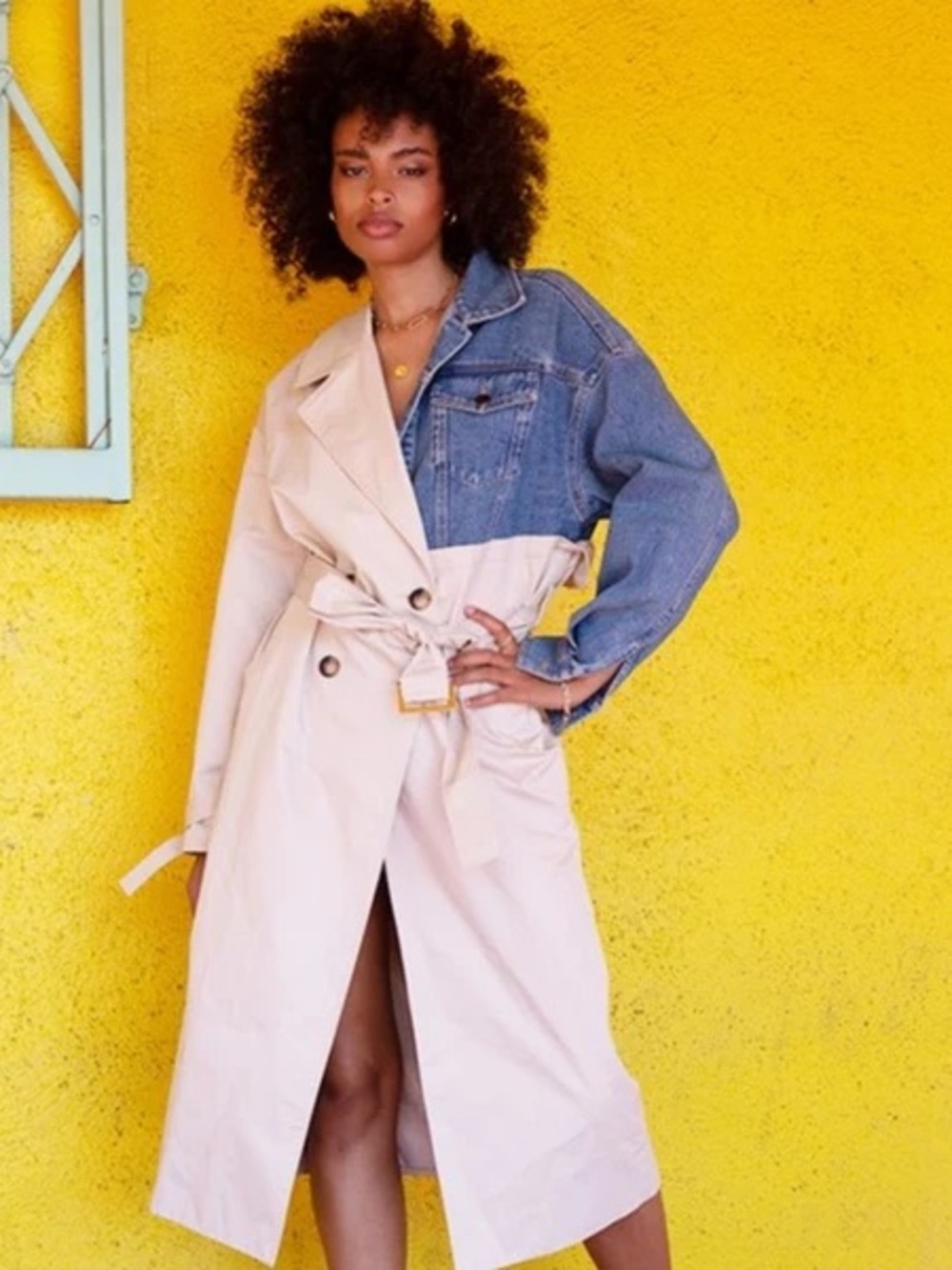 AKIRA Two-Tone Denim and Cream Trench Coat with Belt
